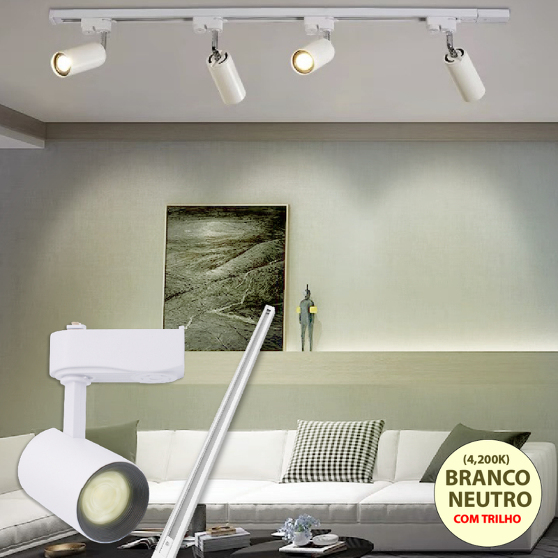 Trilho Spot LED para trilho eletrificado + Trilho + Conector Tubinho Preto e Branco 15W 360° Luz Branca, Luz Neutra e Luz Amarela Bivolt 110V-220V