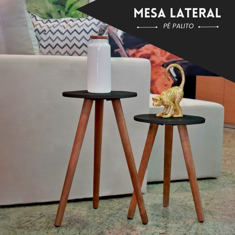 Conjunto de Mesinha Lateral Redonda Sala Pe Madeira Retro Sala Quarto